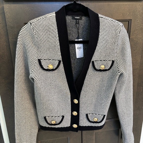 Classy black and white button down cardigan from Express XS - Picture 1 of 6